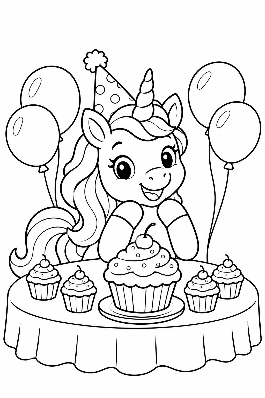 Unicorn cupcake party coloring page