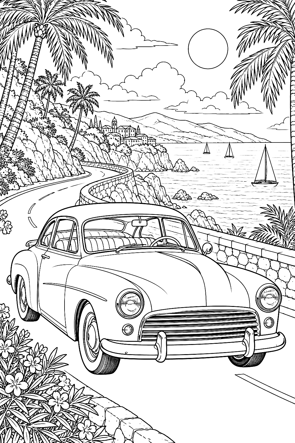 Vintage Car on a Coastal Road Coloring Page