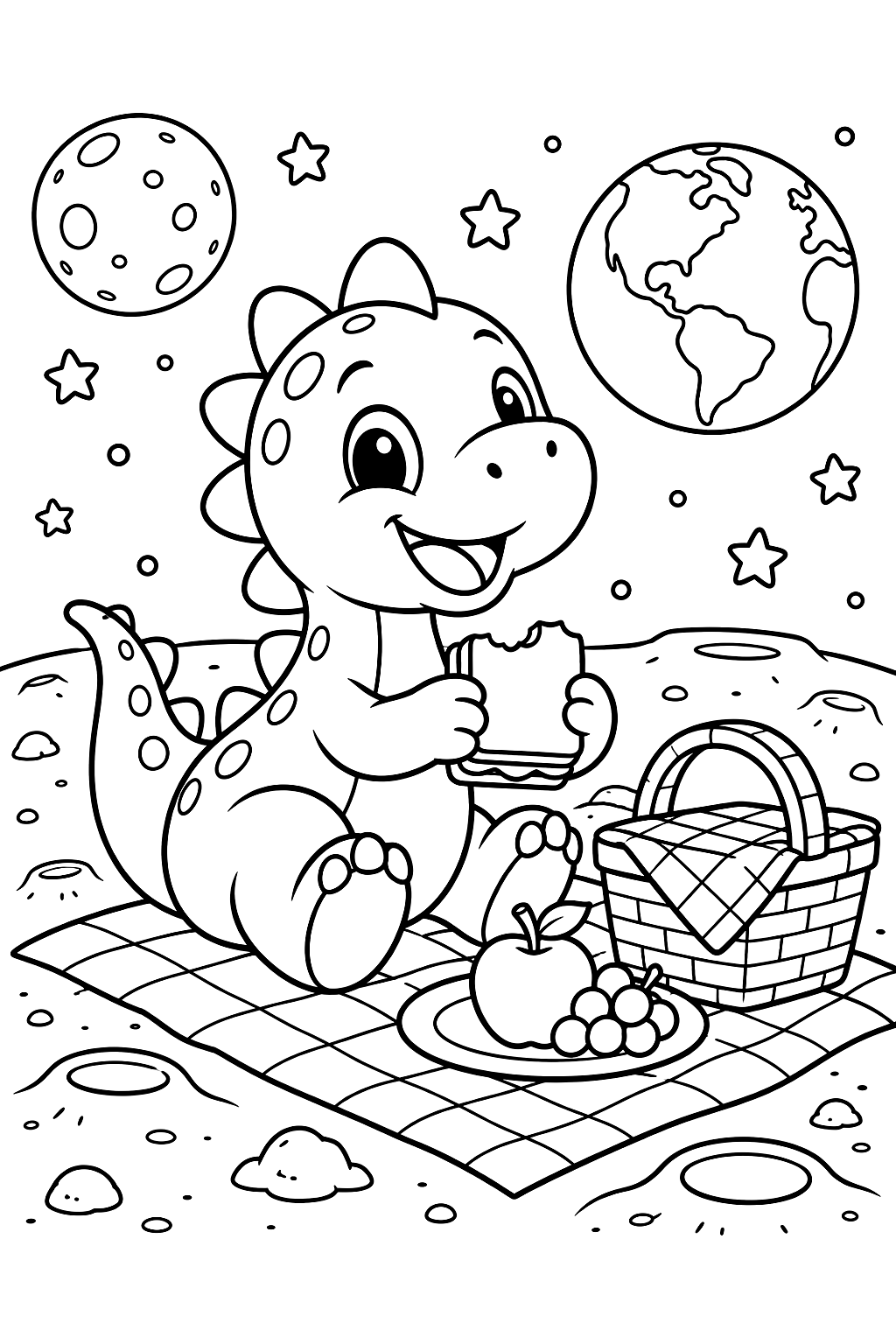 Example cartoon AI coloring page of a baby dinosaur having a picnic on the moon