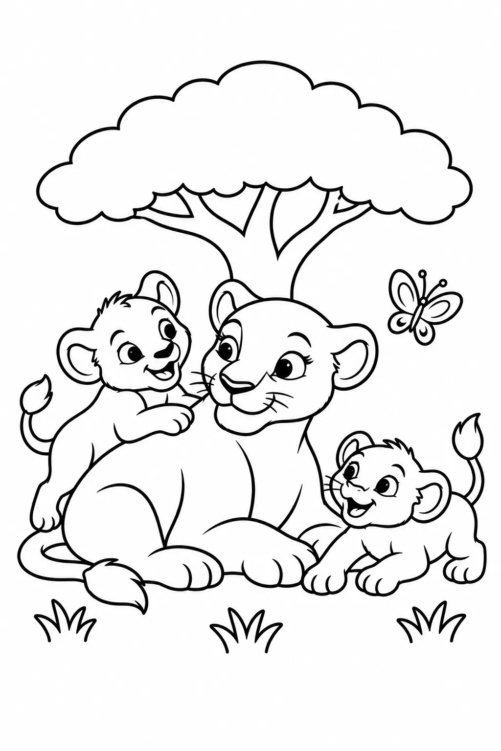 Lion Family Under a Tree Coloring Page