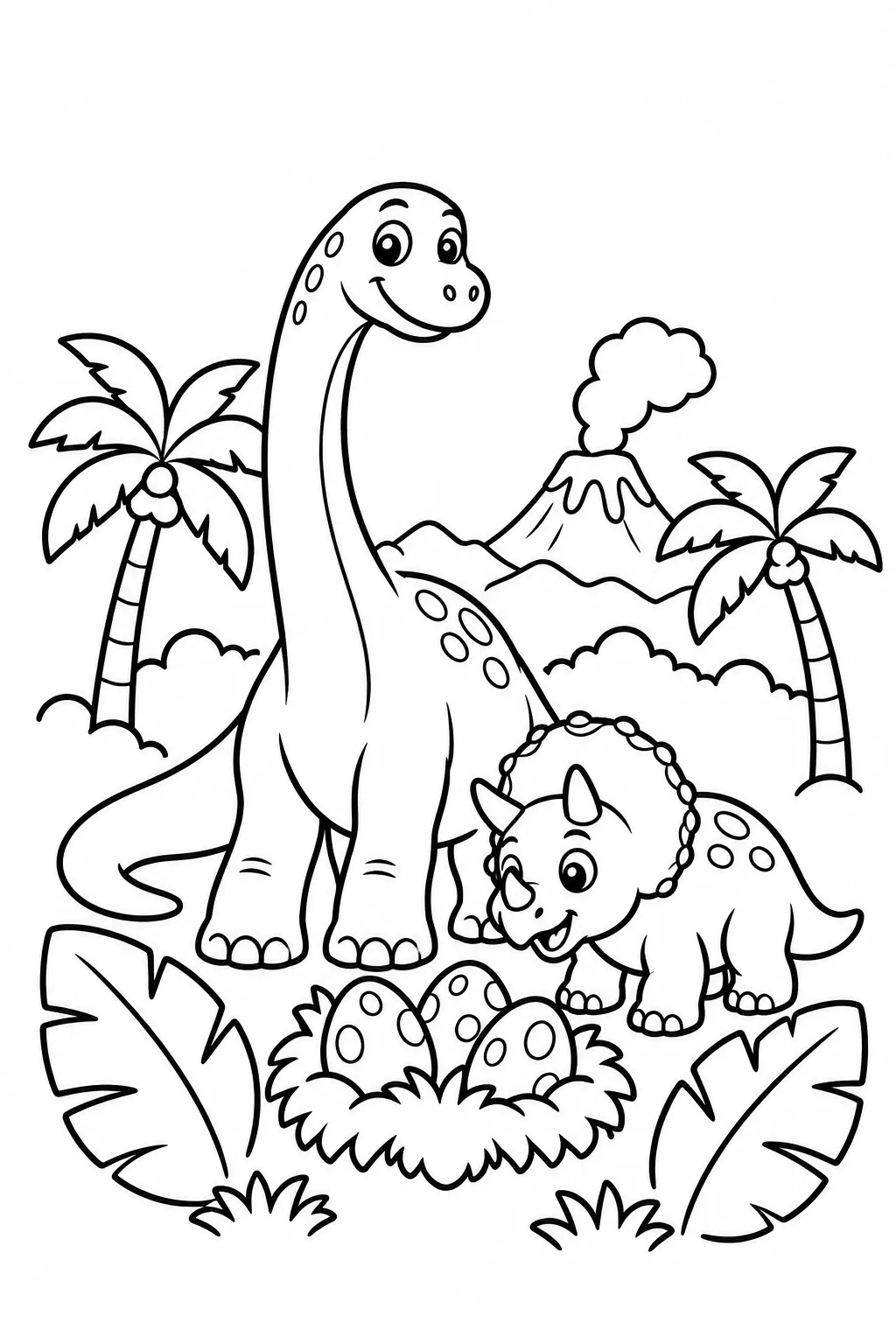 Long-Neck Dinosaur and Baby Triceratops Coloring Page
