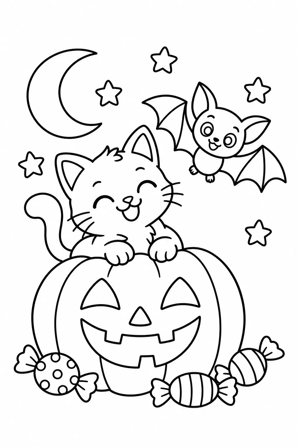 Pumpkin Cat and Friendly Bat Coloring Page