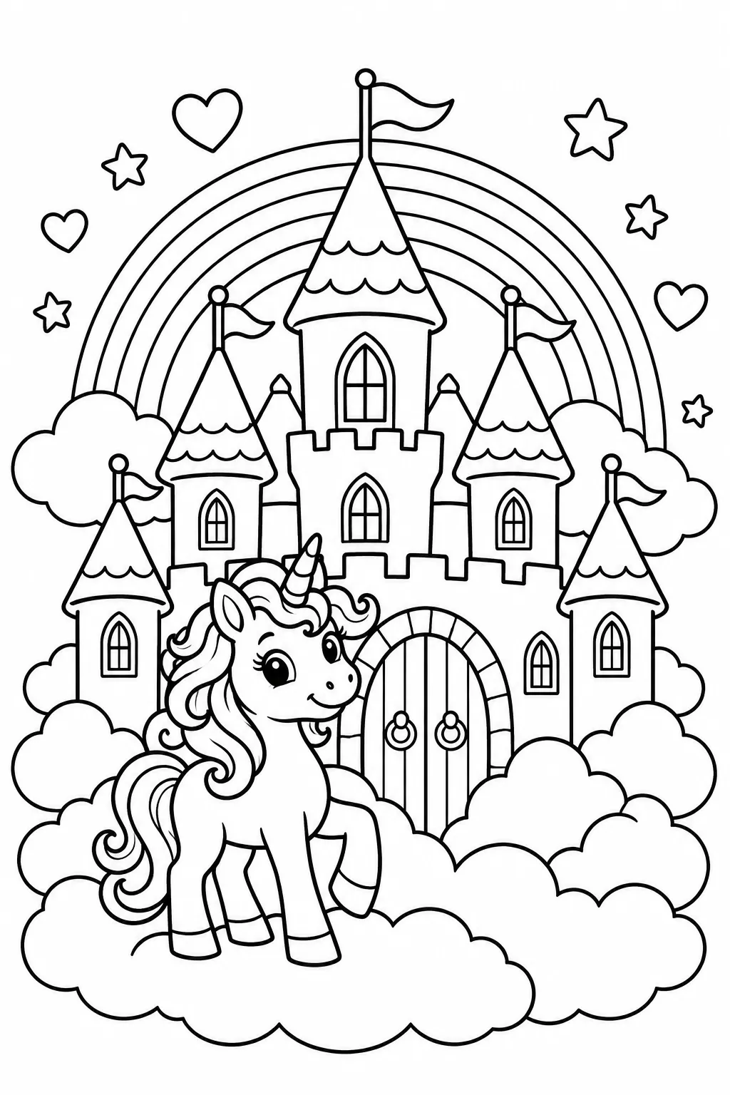 Unicorn Castle in the Clouds Coloring Page